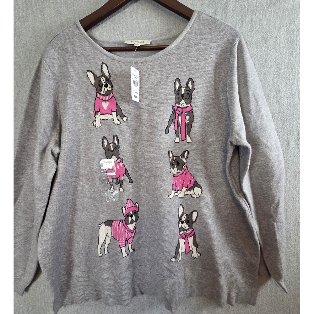 Astrologie Cracker Barrel XL Sweater Winter French Bulldogs Gray Lounge Cozy NEW